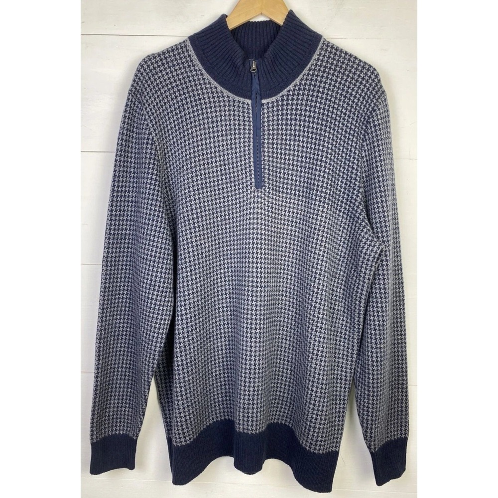 Bob Timberlake Sweater Mens L Merino Wool Blue Gray Houndstooth Pullover 1/4 Zip - Picture 2 of 7